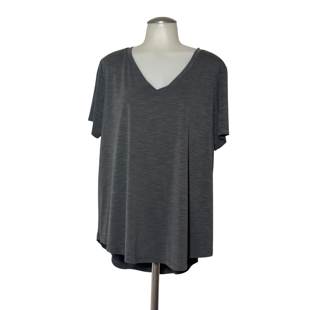 Mod Ref V-Neck Top Women XL Charcoal Gray Pleat Back Short Sleeve Good